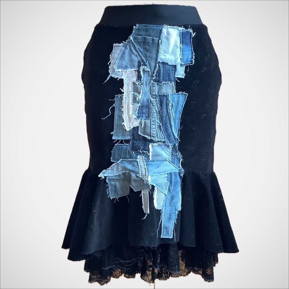 LOVEMATTERS Matthew Donnelly Patchwork Denim Corduroy Trumpet Skirt XS Black